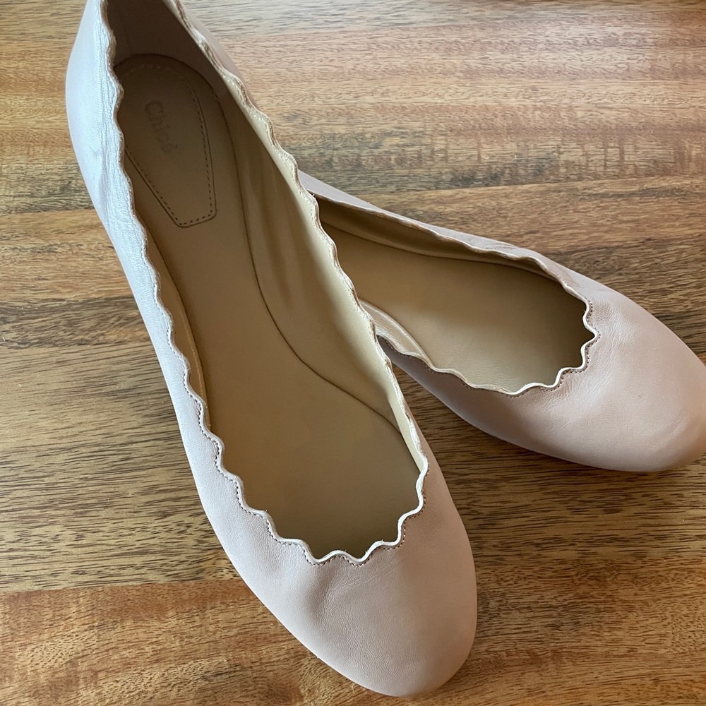 Chloé Lauren Scalloped Leather Ballet Flats in Pink Tea Size 39 1/2